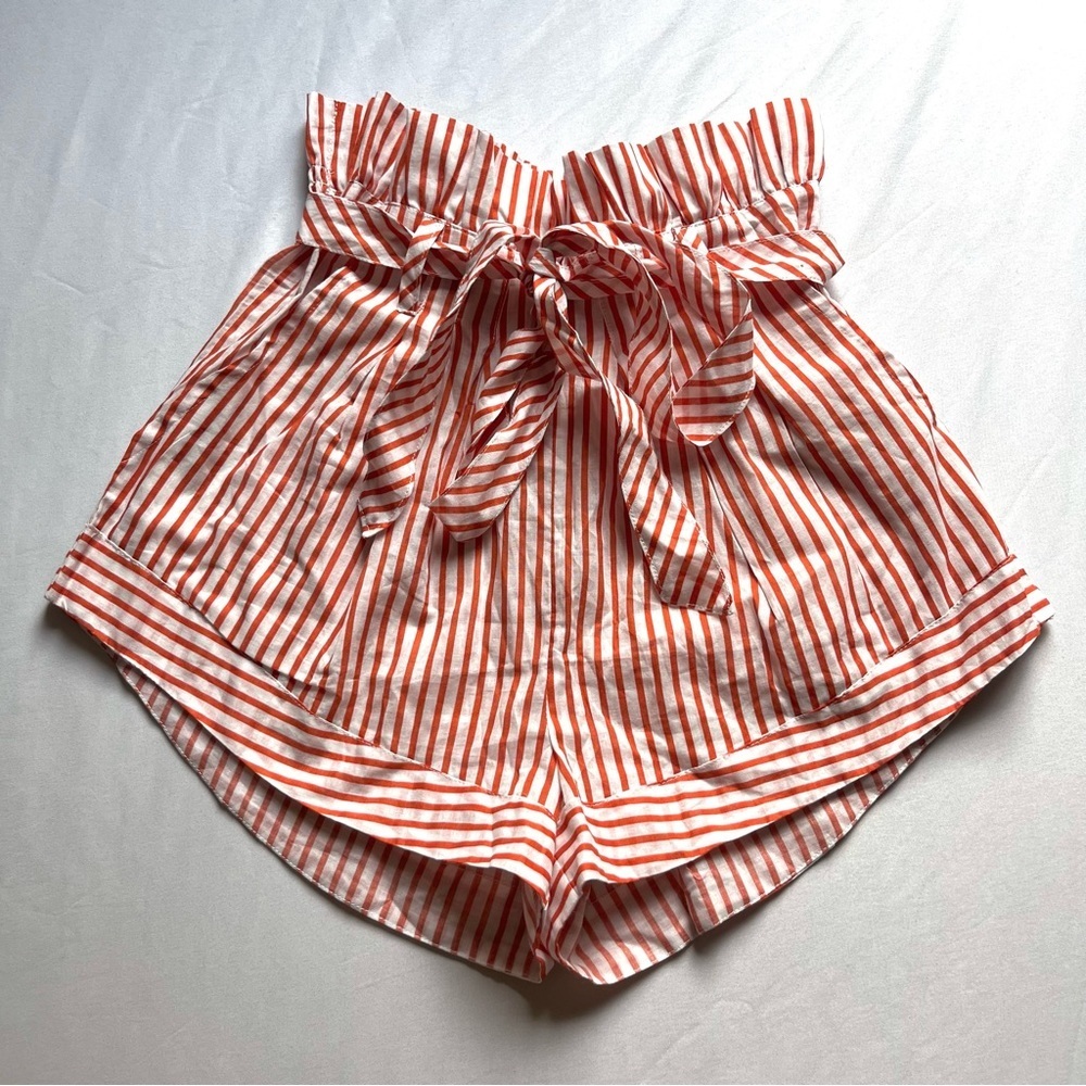 FOR LOVE & LEMONS white orange striped cotton paper bag ruffle‎ high rise shorts